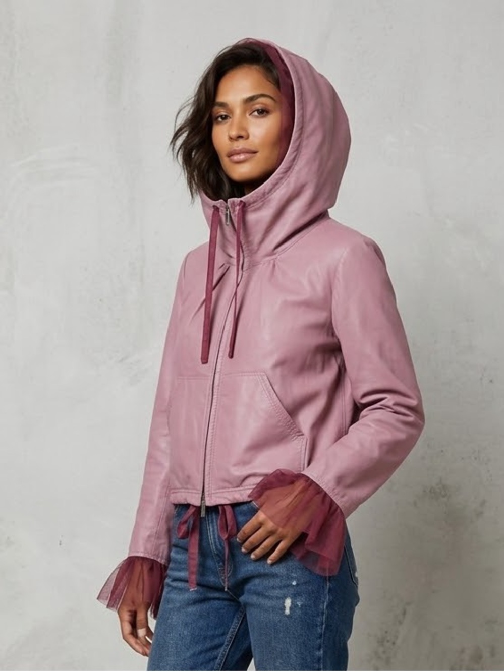 PAOLO PECORA Italian Pink Leather Hooded Jacket Mesh Tulle Trim Medium